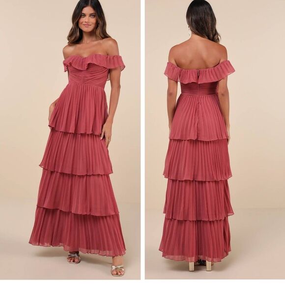 Lulus Always Remarkable Rusty Rose Pleated Off-the-Shoulder Maxi Dress Size XS - Picture 1 of 8